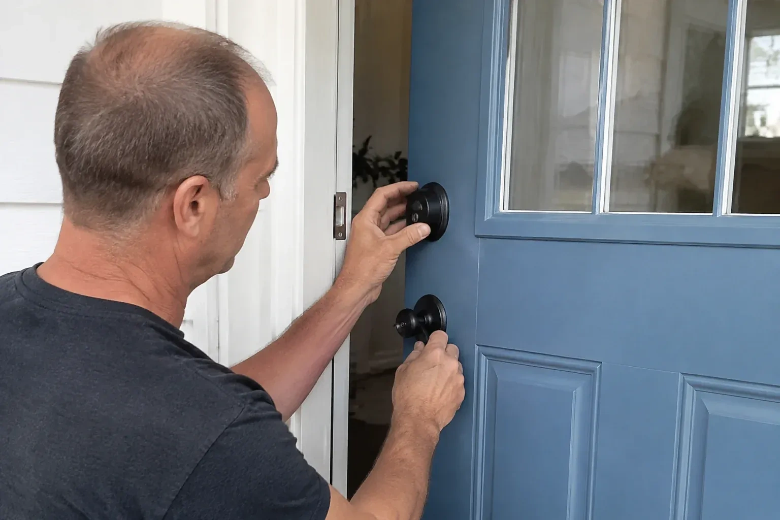 Person holding the black deadbolt and doorknob of a partly open blue front door. — Deadbolt Installation, Whitby