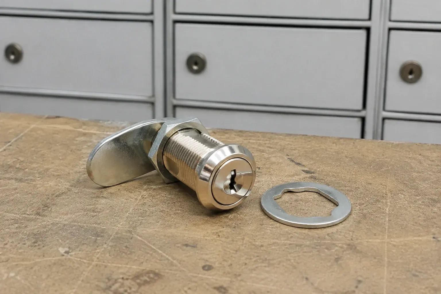 Detached threaded cam lock and mounting washer on a workbench in front of closed mail compartments. — Mailbox Lock Replacement, Whitby
