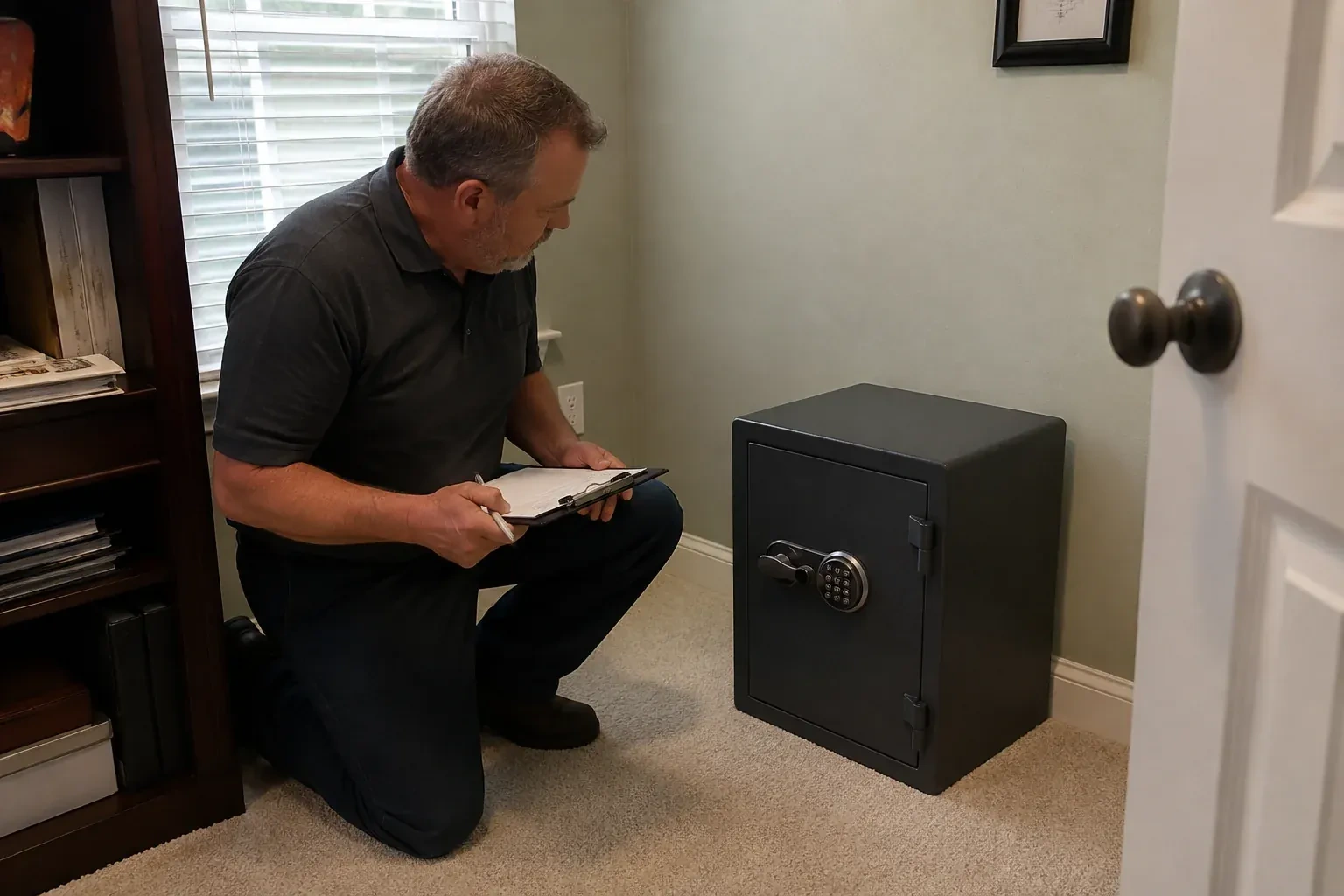 Person holding a clipboard beside a closed black safe with a circular keypad in a carpeted room. — Safe Installation & Servicing, Whitby