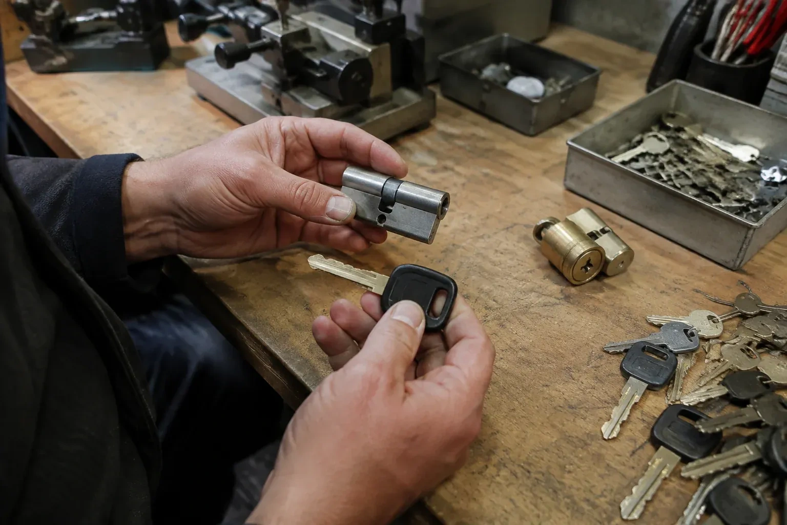 Hands holding a silver-colored lock cylinder and a black-headed key above a workbench with loose keys and another cylinder. — Spare Car Key Duplication, Whitby