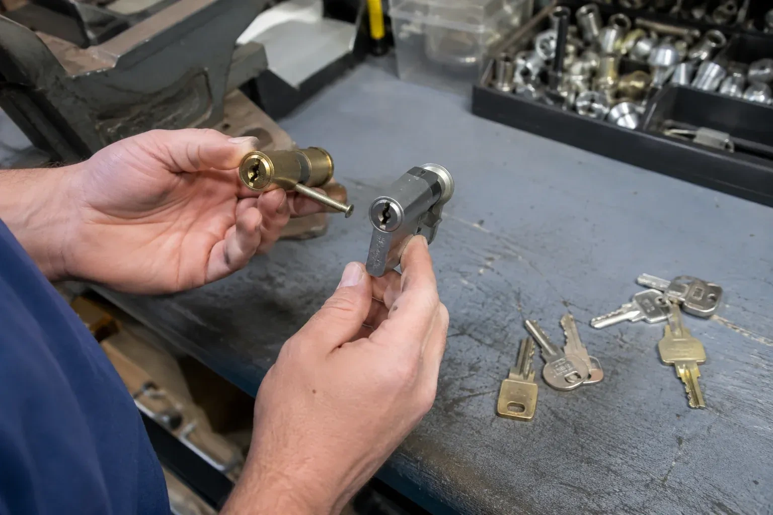 Hands comparing detached lock cylinders beside loose keys on a workbench. — Broken Key Extraction, Whitby