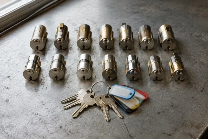 Two rows of lock cylinders on a metal surface with keys and colored key tags in front. — Master Key System Design, Whitby