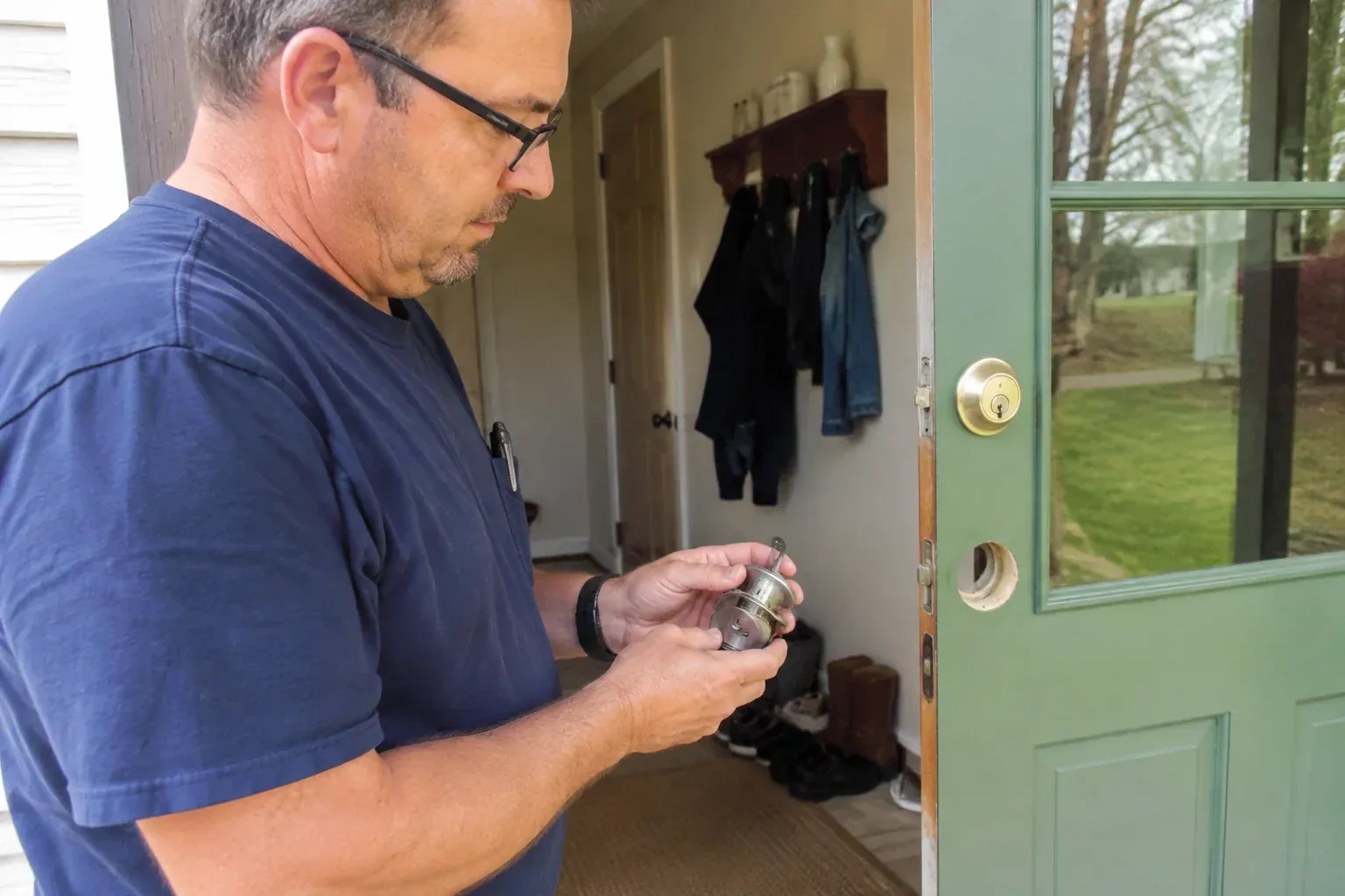 Person holding a cylindrical door-lock assembly beside an open green glazed door with its lower lock opening exposed. — Seized & Jammed Lock Opening, Whitby