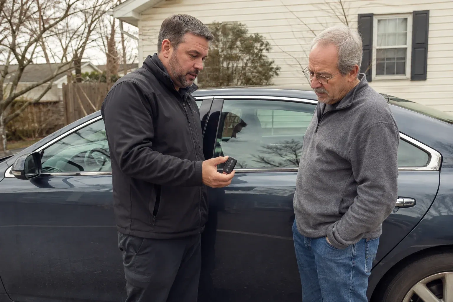 Two people beside a dark sedan, one holding up a black key fob. — Car Lockout Service, Whitby