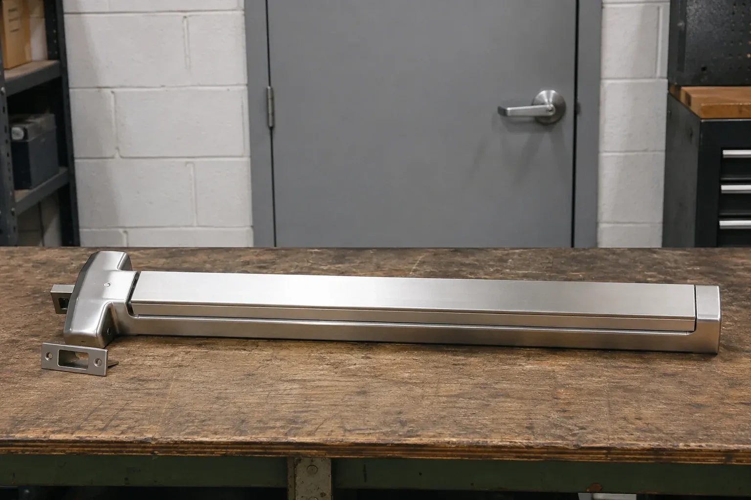 Detached horizontal exit device and separate strike component on a workshop bench. — Panic & Exit Hardware, Whitby