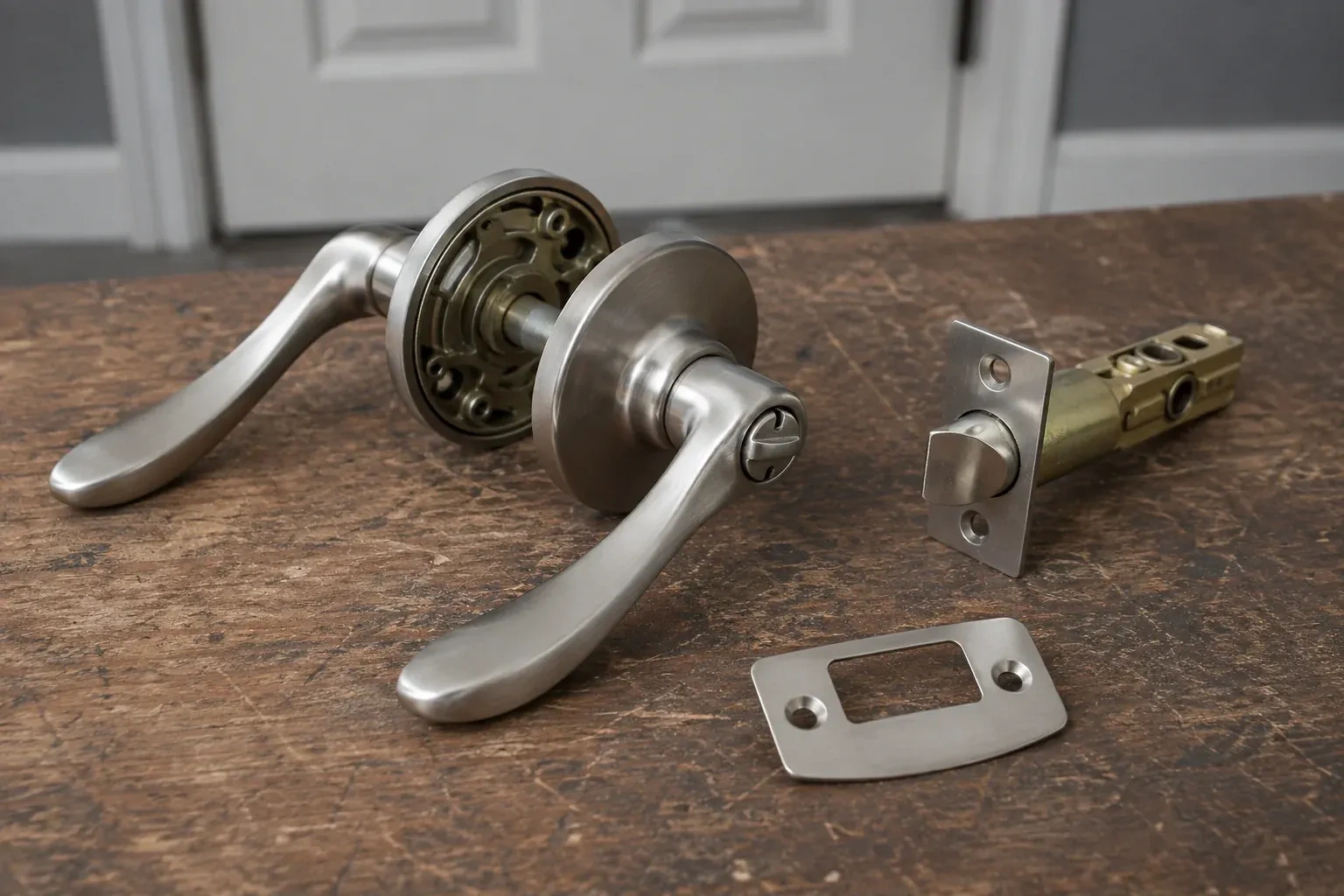 Detached satin-nickel lever hardware, tubular latch and strike plate on a wooden workbench. — Lock Replacement & Upgrade, Whitby