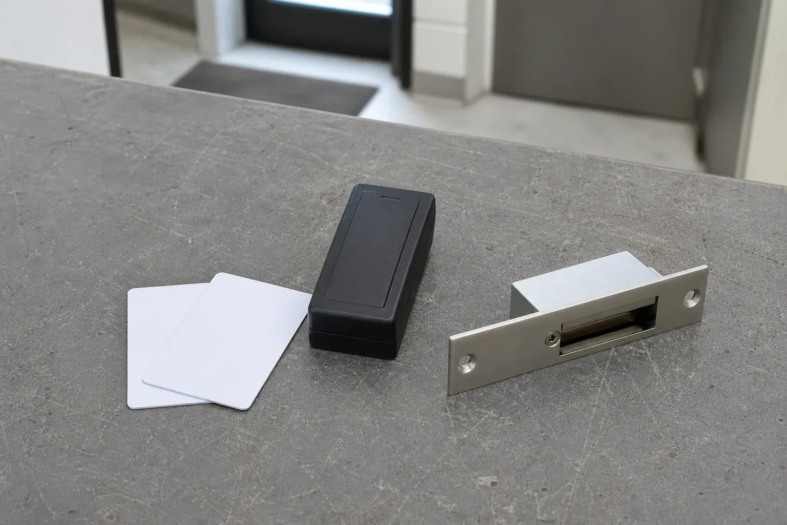 Detached card reader, two plain cards and an electric-strike component on a service bench. — Access Control Installation, Whitby