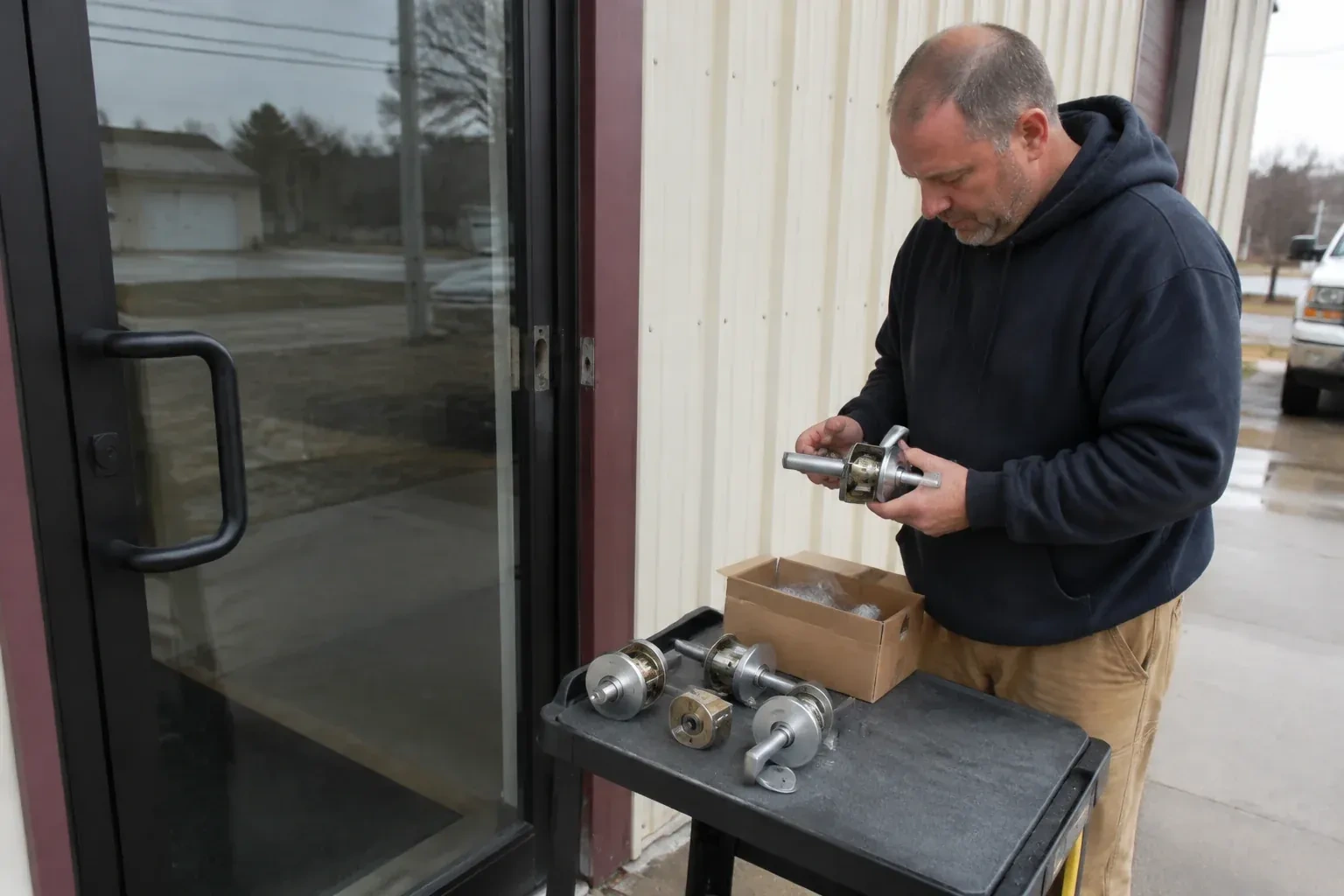 Person holding a door-handle assembly beside a glazed entrance, with more handle and lock components on a cart. — Commercial-Grade Lock Replacement, Whitby