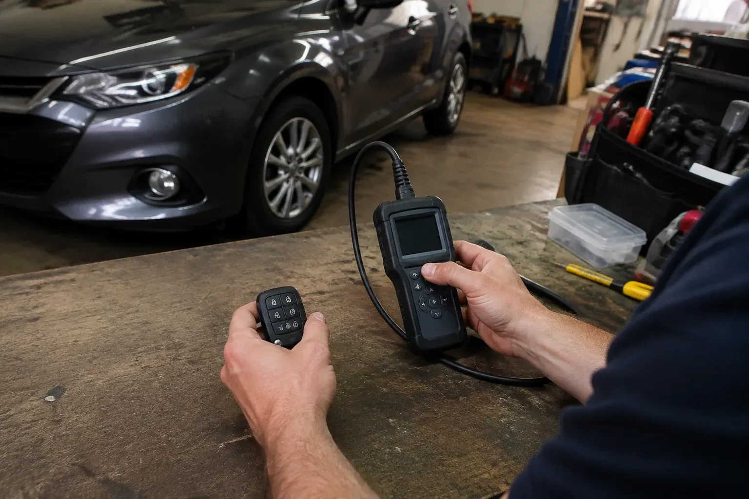 Hands holding a car-key fob and a small wired electronic device above a workbench in a garage with a parked car. — Key Fob Programming, Whitby