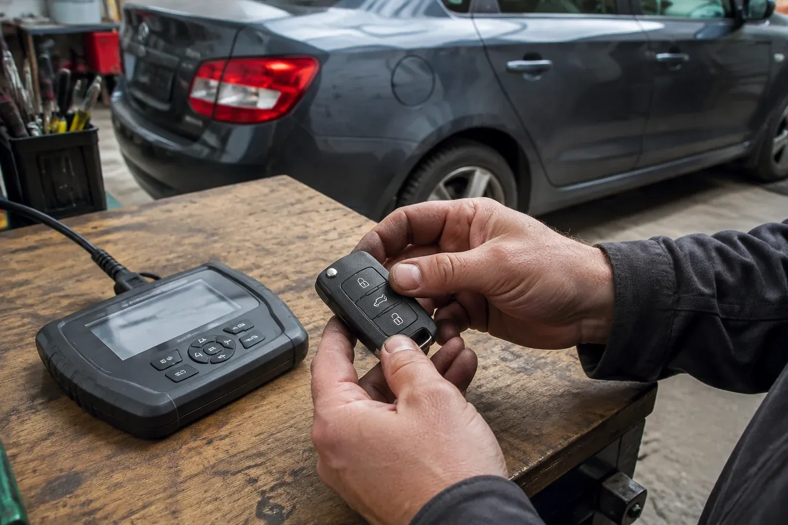 Hands holding a black car key fob above a workbench, beside a wired handheld device with a screen. — Car Key Replacement, Whitby