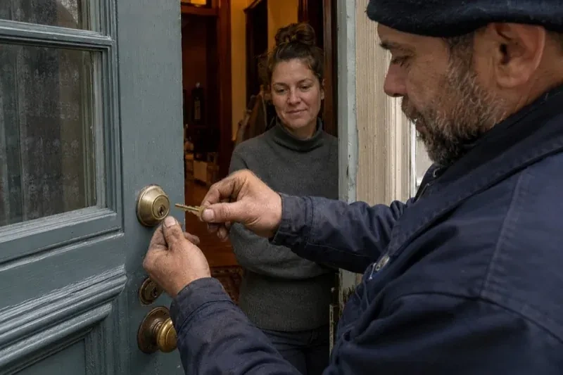 Person holding a key beside a brass-colored deadbolt on an open painted door while another person watches from inside. — Home Lockout Service, Whitby