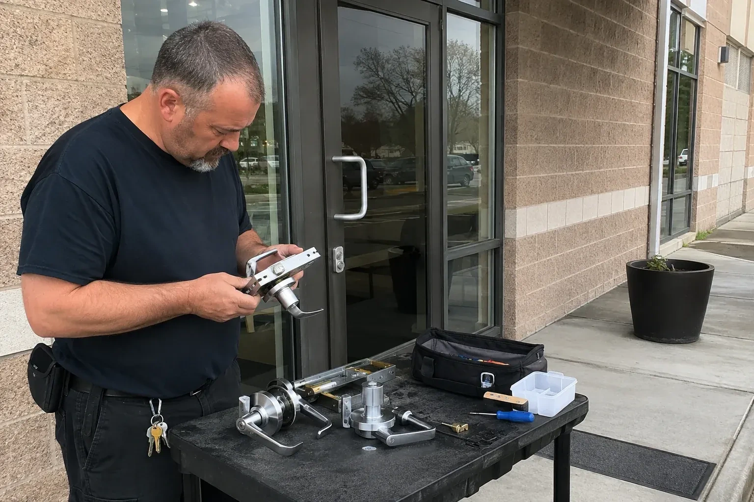 Person holding a door-handle and latch assembly at a worktable outside a glass entrance, with additional handles and tools laid out. — Commercial Rekeying, Whitby