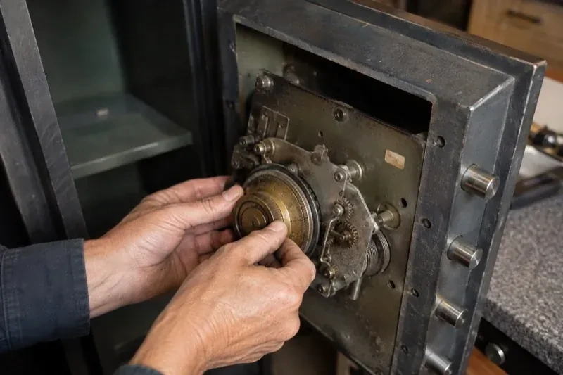 Hands holding a round metal component against the exposed mechanism inside an open safe door. — Safe Opening & Combination Change, Whitby