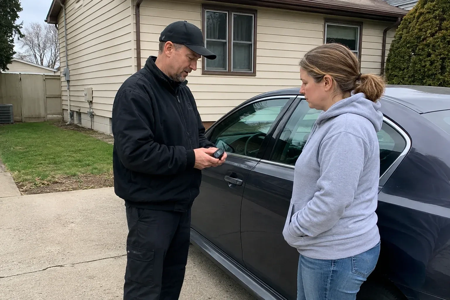 Two people standing beside a parked sedan, one wearing a cap and holding a small black device. — Vehicle Lock Repair, Whitby