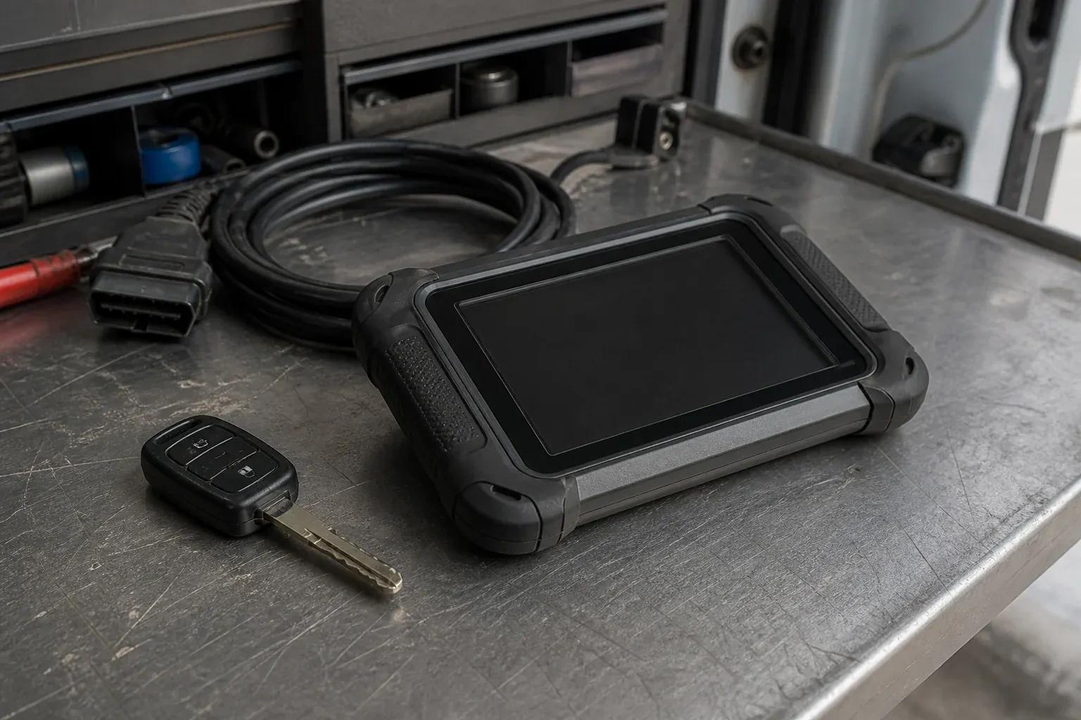Vehicle key beside a dark diagnostic tablet and coiled connector cable on a workbench. — Transponder Key Programming, Whitby